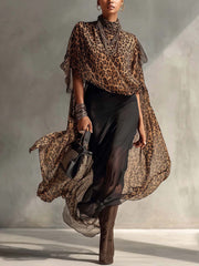 Leopard Chiffon Kimono Set With Black Bodycon Dress