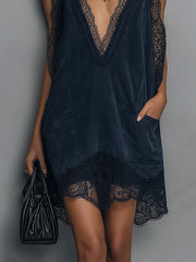 Navy Faux Suede Lace Trim Mini Dress