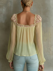 Green Pleated Chiffon Blouse With Leopard Print