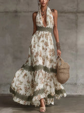 Floral Halter Pleated Maxi Dress With Lace Waist Detail