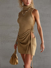 Golden Sleeveless Knit Mini Dress With Side Cut-Out And Drawstring Waist