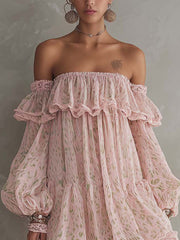 Pink Green Leopard Print Off Shoulder Chiffon Lace Ruffle Mini Dress