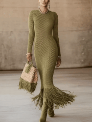 24-Hour-Shipping Olive Green Knit Fringe Hem Bodycon Maxi Dress