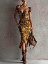 Yellow Leopard Print Bodycon Dress With Brown Lace Sleeves