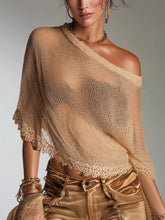 Cream Knit Lace Trim Loose Short Sleeve Top