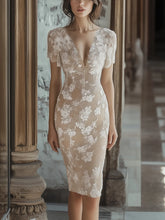 24-Hour-Shipping Light Beige Lace V-neck Short Sleeve Bodycon Dress