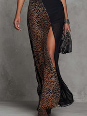Black Leopard Patchwork Hollow Out Sleeveless Bodycon Maxi Dress