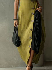 Olive Asymmetrical Button-Front Sleeveless Midi Dress With Pleated Panel