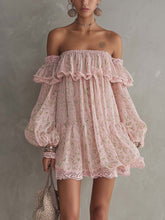 Pink Green Leopard Print Off Shoulder Chiffon Lace Ruffle Mini Dress