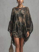 Dark Camo Chiffon Mini Dress With Lace Cuff Sleeves