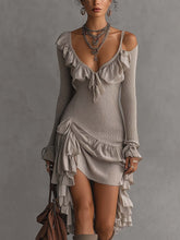 Light Gray Knit Cold Shoulder Ruffle Patchwork Mini Dress
