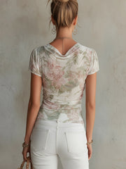 Soft Floral Draped Chiffon Ruched Top