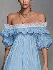 Blue Striped Off-Shoulder Ruffle Lace Trim Mini Dress