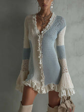 Sky Blue And White Ruffled Patchwork Knit Mini Dress