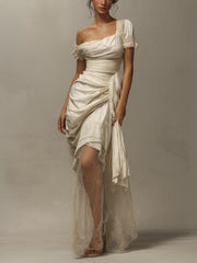 Beige Stretch Short-Sleeve Ruched Lace Maxi Dress