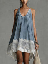 Blue Lace Trim High-Low Pleated Mini Dress