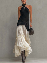Black Satin And Chiffon Patchwork Maxi Dress