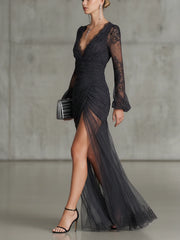 Black Lace Ruched Sheer Long Sleeve Slit Maxi Dress