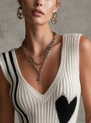 White Ribbed Knit Sleeveless Heart Pattern V-Neck Vest