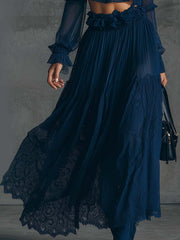 Navy Pleated Chiffon Lace Patchwork Off Shoulder Crop Top And Midi Skirt Set