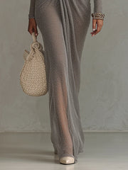 Gray Lightweight Long Sleeve Metallic Knit Ruched Maxi Dress