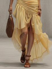 Yellow Sleeveless Ruched Chiffon Lace Maxi Dress