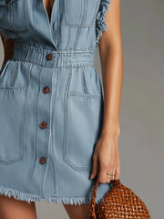 Blue Cotton Washed Denim Frayed Mini Dress