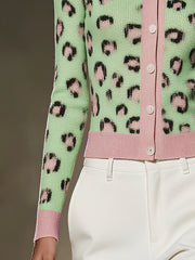 Green Leopard Print Button Up Cardigan With Pink Trim