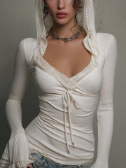 Ivory Lace Hooded Knit Long Sleeve Top