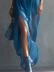 Blue Chiffon Lace Patchwork Maxi Dress