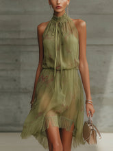 Olive Green Floral Tie-Waist Chiffon Mini Dress