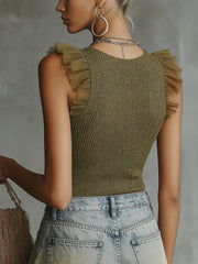Olive Ruffle Shoulder Ribbed Knit V-Neck Tank Top