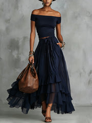 Navy Off-Shoulder Crop Top And Tiered Ruffle Chiffon Maxi Skirt Set