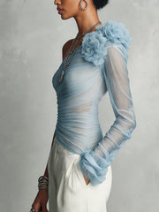 Light Blue One-Shoulder Floral Appliqué Mesh Top
