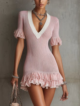Pink Knit Mini Dress With Deep V-Neck And Ruffled Hem