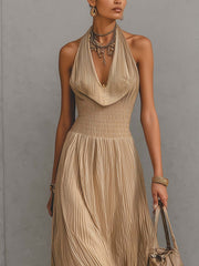 Champagne Gold Pleated Cowl Neck Maxi Dress With Lace Hem