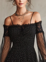 Black Off-Shoulder Polka Dot Lace Smocked Chiffon Mini Dress