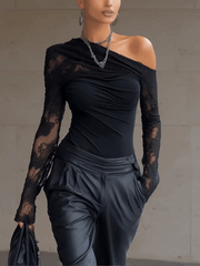 Black Knitted Off-shoulder Long-sleeved T-shirt With Lace Trim