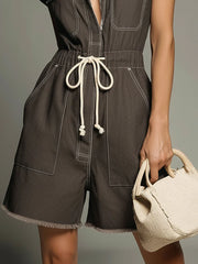 Dark Brown Cotton Washed Denim Sleeveless Loose Jumpsuit