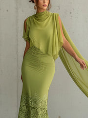 Green Flowing Chiffon Fishtail Lace Bodycon Dress
