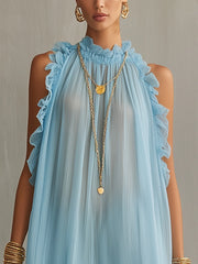Light Blue Sleeveless Ruffled Pleated Chiffon Mini Dress