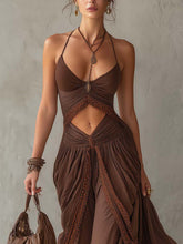 Brown Patchwork Hollow Out Maxi Dress With Trim Detail