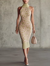 Green Abstract Leopard Knit Halter Midi Dress