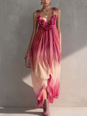 Gradient Pink 3D Flower Chiffon Maxi Dress