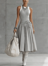 Gray Ribbed Tank Bodice Draped Midi Dress
