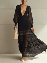 Black V-Neck Knit Chiffon Lace Maxi Dress
