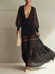 Black V-Neck Knit Chiffon Lace Maxi Dress