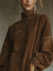 Brown Faux Suede Turtleneck Oversized Dress With Fringe Detail