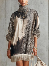 Gray Leopard Print Turtleneck Fringe Hem Faux Suede Dress
