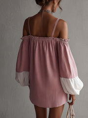 Pink And White Patchwork Embroidered Cotton Linen Off Shoulder Mini Dress